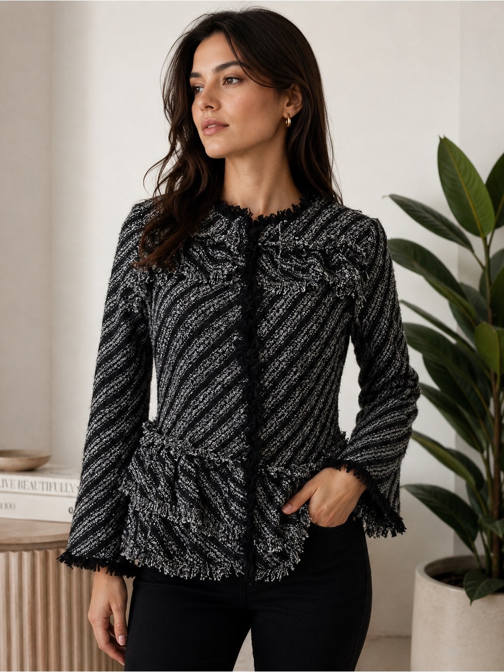 Ann Taylor Chic Textured Tweed Peplum Jacket With Fringes size medium